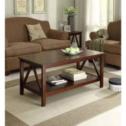 Titian 44 in. Antique Tobacco Large Rectangle Wood Coffee Table with Shelf by Linon Home Decor