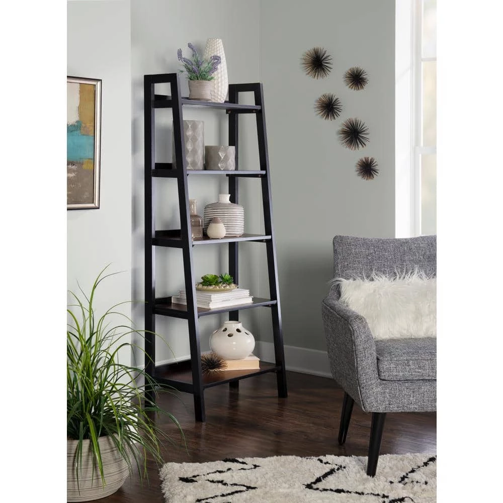 59.84 in. Black Cherry Wood 5-shelf Ladder Bookcase with Open Back by Linon Home Decor 3 59.84 in. Black Cherry Wood 5-shelf Ladder Bookcase with Open Back by Linon Home Decor