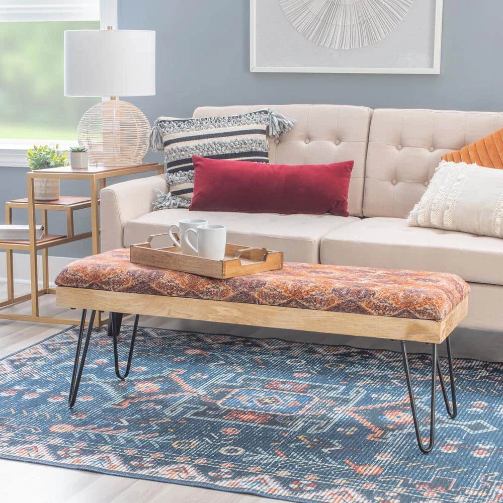 Black Baxter Earth Tone Tribal Upholstered Bench with Mango Wood and Iron Legs 46 in. L x 16 in. D x 18 in. H by Linon Home Decor 8 Black Baxter Earth Tone Tribal Upholstered Bench with Mango Wood and Iron Legs 46 in. L x 16 in. D x 18 in. H by Linon Home Decor - Image 6