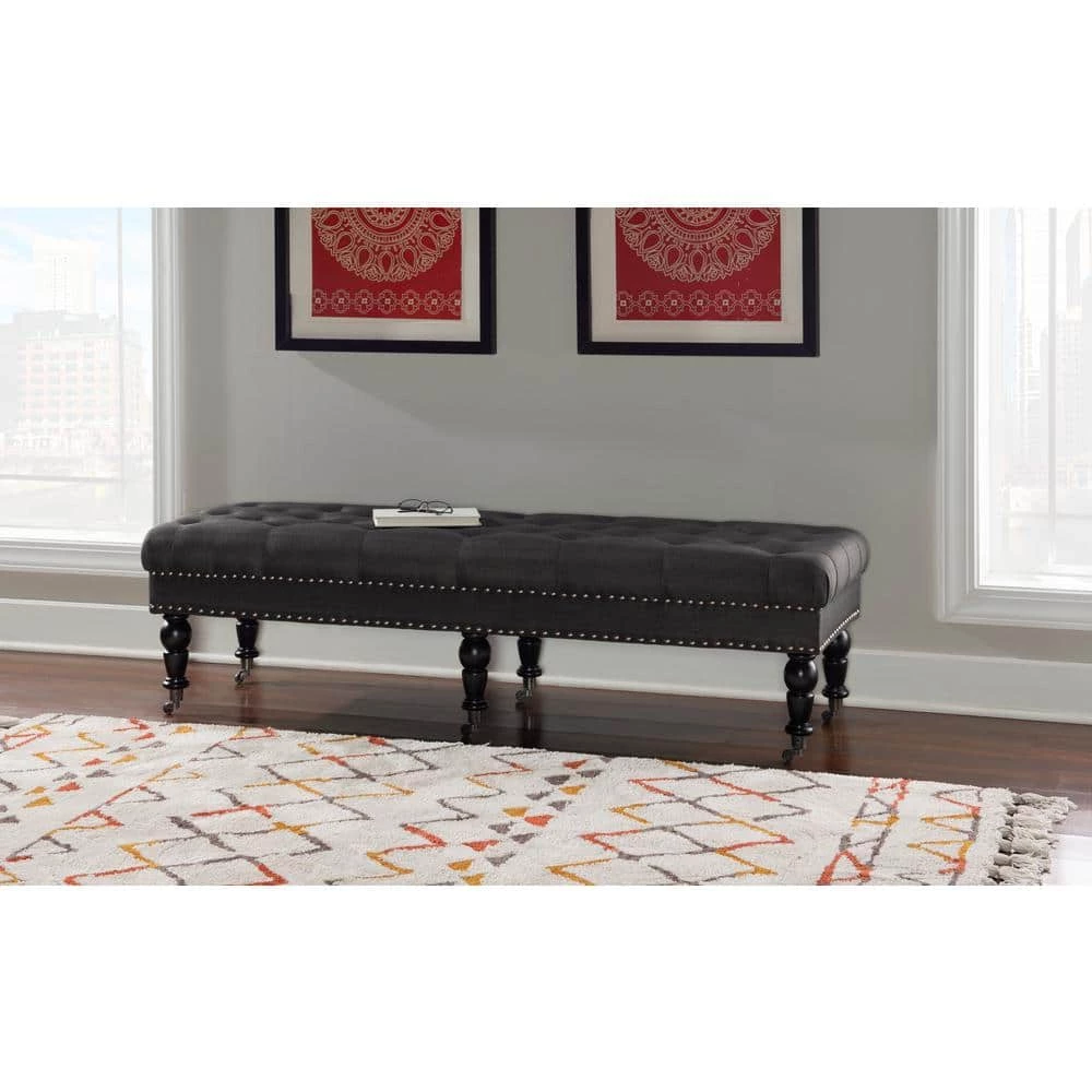 Bella Charcoal 62" Wide Accent Bench with Button Tufting and Silver Nailhead (62"L x 19.5"D x 17.75"H) by Linon Home Decor 7 Bella Charcoal 62" Wide Accent Bench with Button Tufting and Silver Nailhead (62"L x 19.5"D x 17.75"H) by Linon Home Decor - Image 5