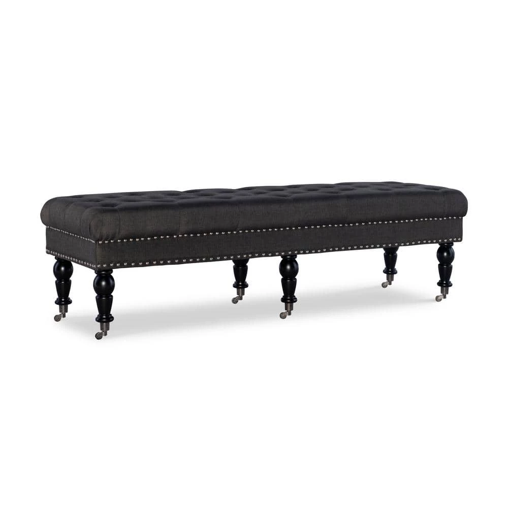 Bella Charcoal 62" Wide Accent Bench with Button Tufting and Silver Nailhead (62"L x 19.5"D x 17.75"H) by Linon Home Decor 3 Bella Charcoal 62" Wide Accent Bench with Button Tufting and Silver Nailhead (62"L x 19.5"D x 17.75"H) by Linon Home Decor