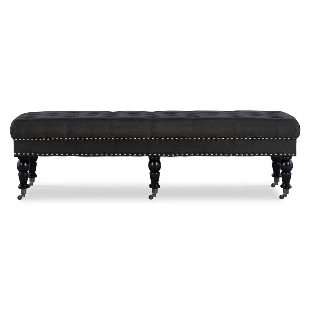 Bella Charcoal 62" Wide Accent Bench with Button Tufting and Silver Nailhead (62"L x 19.5"D x 17.75"H) by Linon Home Decor 5 Bella Charcoal 62" Wide Accent Bench with Button Tufting and Silver Nailhead (62"L x 19.5"D x 17.75"H) by Linon Home Decor - Image 3