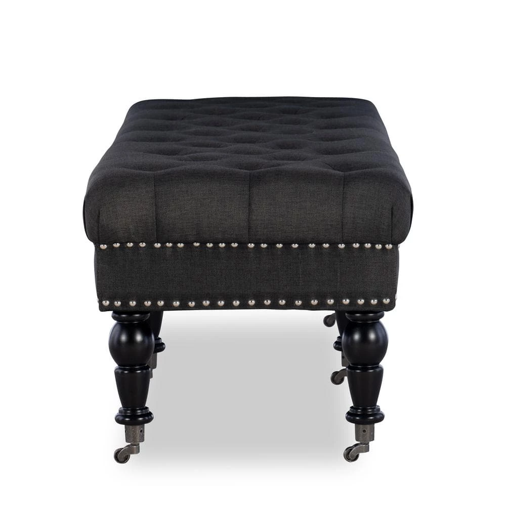 Bella Charcoal 62" Wide Accent Bench with Button Tufting and Silver Nailhead (62"L x 19.5"D x 17.75"H) by Linon Home Decor 4 Bella Charcoal 62" Wide Accent Bench with Button Tufting and Silver Nailhead (62"L x 19.5"D x 17.75"H) by Linon Home Decor - Image 2