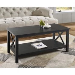 Ramsey 44 in. Black Large Rectangle Wood Coffee Table with Shelf by Linon Home Decor -Linon Home Decor Shop black linon home decor coffee tables thd02082 1f 1000