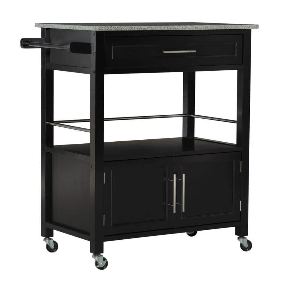 Caitlin Black Kitchen Cart with Granite Top, Towel Bar, and Storage by Linon Home Decor 3 Caitlin Black Kitchen Cart with Granite Top, Towel Bar, and Storage by Linon Home Decor