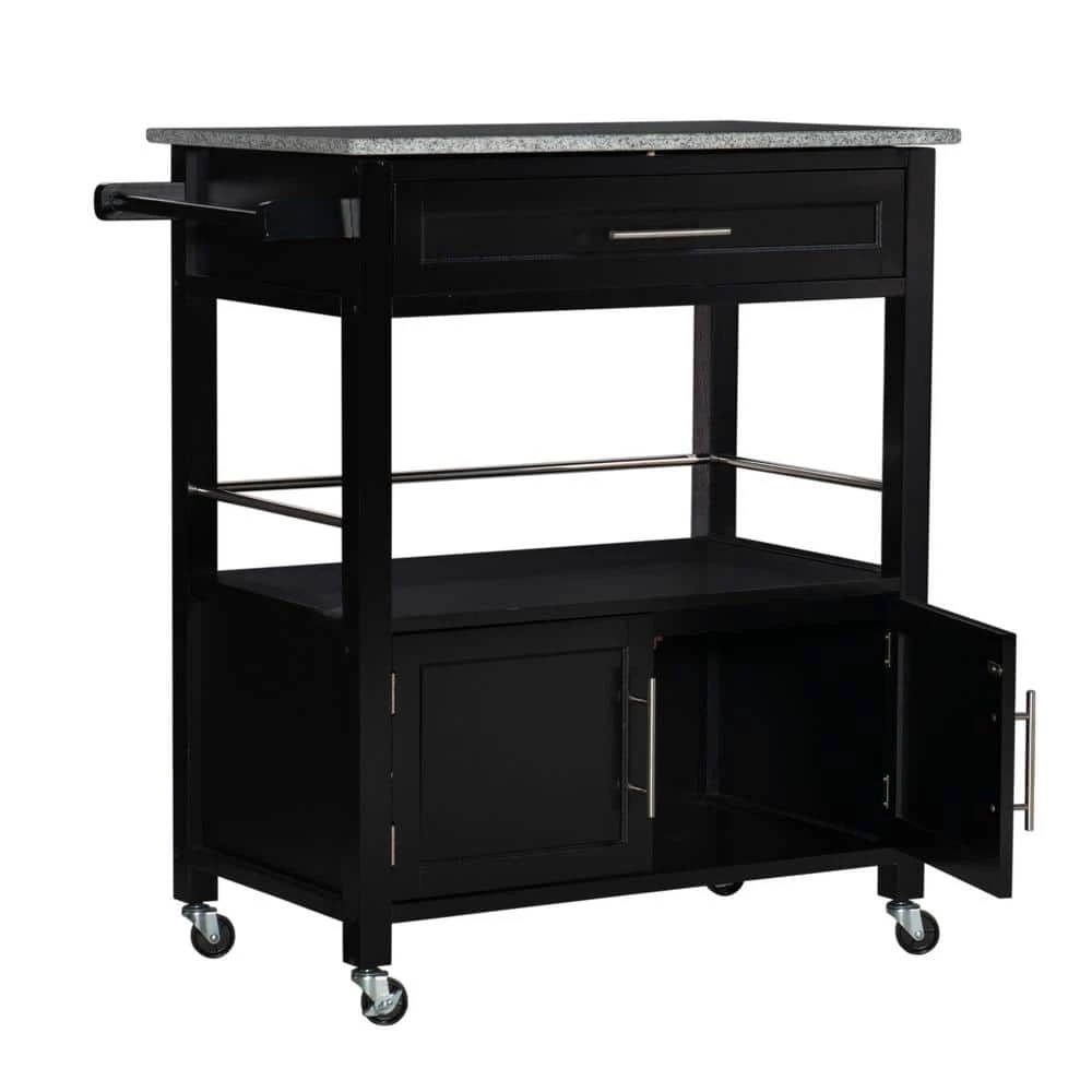 Caitlin Black Kitchen Cart with Granite Top, Towel Bar, and Storage by Linon Home Decor 7 Caitlin Black Kitchen Cart with Granite Top, Towel Bar, and Storage by Linon Home Decor - Image 5