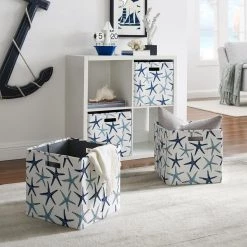 Emma 13 in. Cube Collapsible Storage Bin Starfish (Set of 2) by Linon Home Decor -Linon Home Decor Shop blue and white starfish pattern linon home decor kids storage cubes thd03013 44 1000