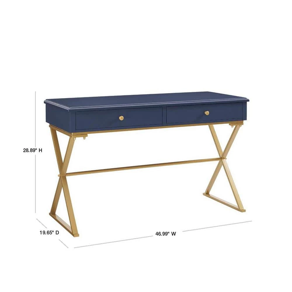 47.5 in. Rectangular Blue/Matte Gold 2 Drawer Writing Desk with Built-In Storage by Linon Home Decor 5 47.5 in. Rectangular Blue/Matte Gold 2 Drawer Writing Desk with Built-In Storage by Linon Home Decor - Image 3