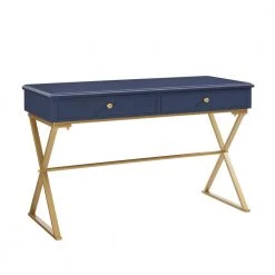 47.5 in. Rectangular Blue/Matte Gold 2 Drawer Writing Desk with Built-In Storage by Linon Home Decor