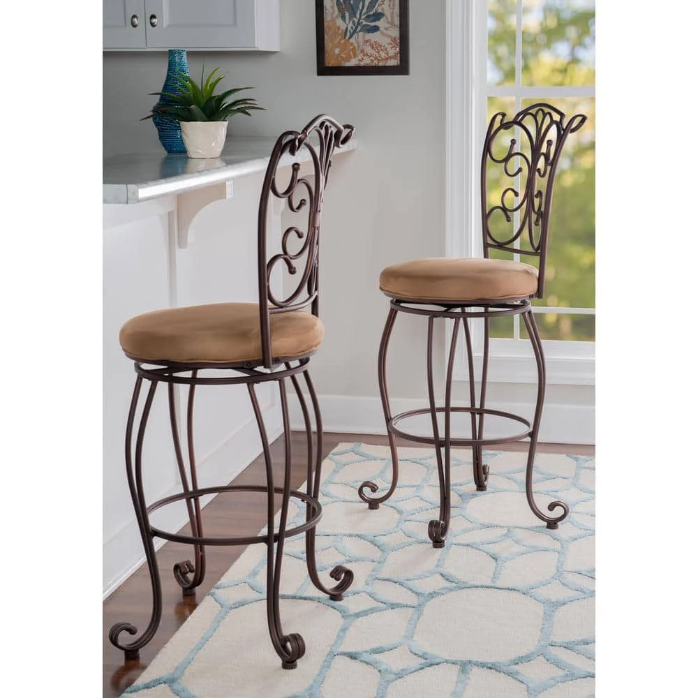 Hansel 46.5"H Bronze Metal Decorative Back 29.5" Seat Height Bar Stool with Light Brown Microfiber Seat by Linon Home Decor 10 Hansel 46.5"H Bronze Metal Decorative Back 29.5" Seat Height Bar Stool with Light Brown Microfiber Seat by Linon Home Decor - Image 8