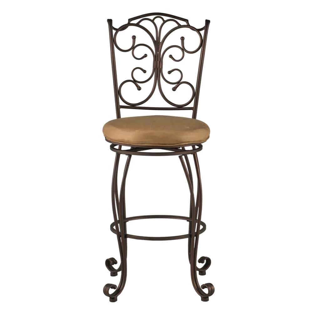 Hansel 46.5"H Bronze Metal Decorative Back 29.5" Seat Height Bar Stool with Light Brown Microfiber Seat by Linon Home Decor 8 Hansel 46.5"H Bronze Metal Decorative Back 29.5" Seat Height Bar Stool with Light Brown Microfiber Seat by Linon Home Decor - Image 6