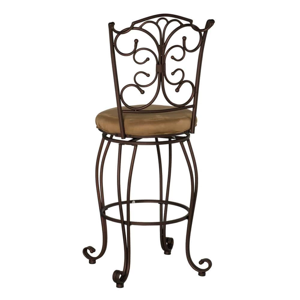 Hansel 46.5"H Bronze Metal Decorative Back 29.5" Seat Height Bar Stool with Light Brown Microfiber Seat by Linon Home Decor 4 Hansel 46.5"H Bronze Metal Decorative Back 29.5" Seat Height Bar Stool with Light Brown Microfiber Seat by Linon Home Decor - Image 2