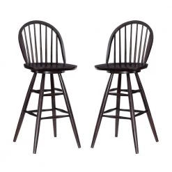 Renee 44 in. Brown Windsor Back Wood Bar Height Stool with Wood-Seat (Set of 2) by Linon Home Decor