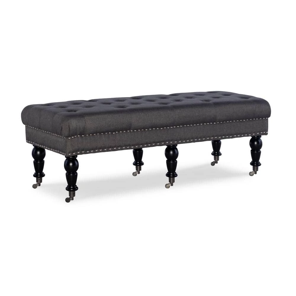 Bella Charcoal Linen Bench with Nail Head and Button Tufting 50 in. W x 19.5 in. D x 17.75 in. H by Linon Home Decor 3 Bella Charcoal Linen Bench with Nail Head and Button Tufting 50 in. W x 19.5 in. D x 17.75 in. H by Linon Home Decor