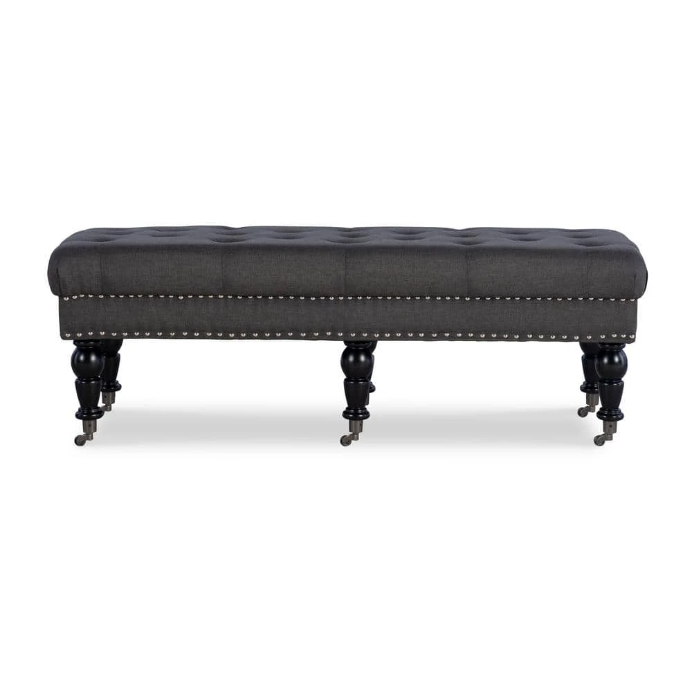 Bella Charcoal Linen Bench with Nail Head and Button Tufting 50 in. W x 19.5 in. D x 17.75 in. H by Linon Home Decor 6 Bella Charcoal Linen Bench with Nail Head and Button Tufting 50 in. W x 19.5 in. D x 17.75 in. H by Linon Home Decor - Image 4
