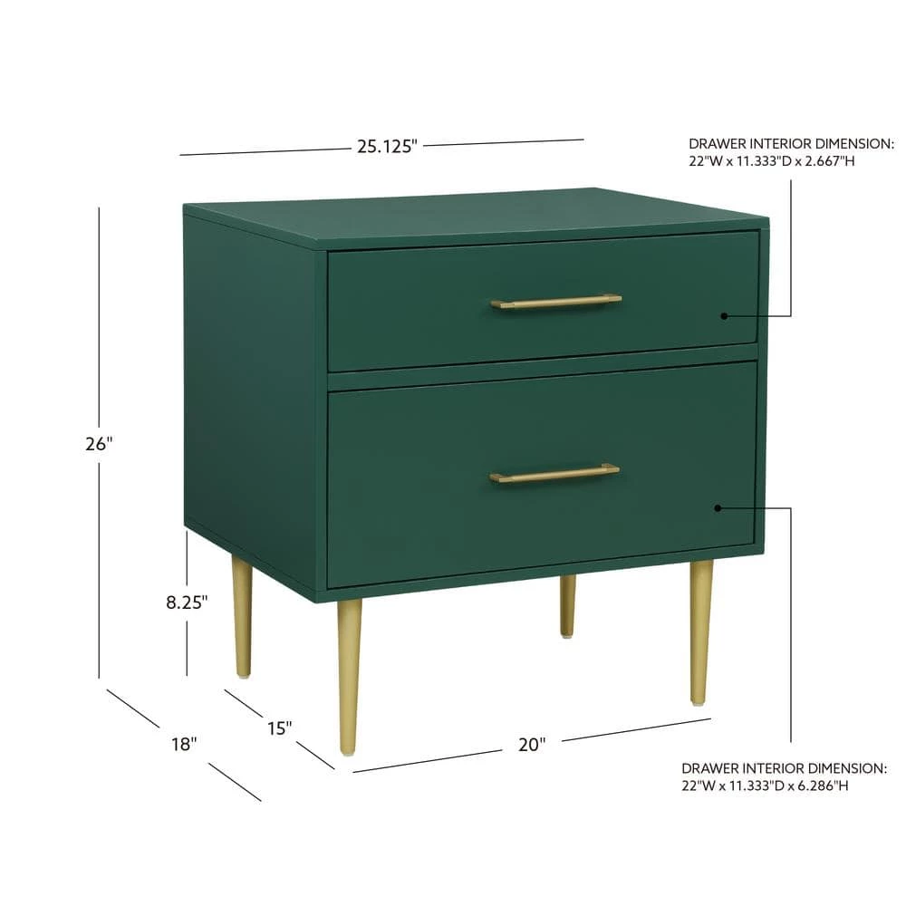 Sharie 2-Drawer Glam Dark Green Nightstand 25.75 in. H x 25.25 in. W x 18 in. D by Linon Home Decor 11 Sharie 2-Drawer Glam Dark Green Nightstand 25.75 in. H x 25.25 in. W x 18 in. D by Linon Home Decor - Image 9