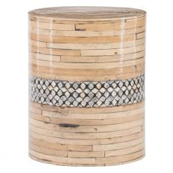 Brody 15" Round Natural 18"H Circular Bamboo Drum Table with Dark Capiz Shell Inlay by Linon Home Decor