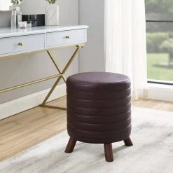 Anslee Dark Walnut Faux Leather Round Channel Stitched Stool by Linon Home Decor -Linon Home Decor Shop dark walnut linon home decor ottomans thd02900 31 1000