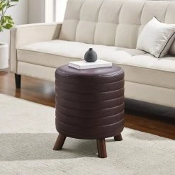 Anslee Dark Walnut Faux Leather Round Channel Stitched Stool by Linon Home Decor -Linon Home Decor Shop dark walnut linon home decor ottomans thd02900 c3 1000