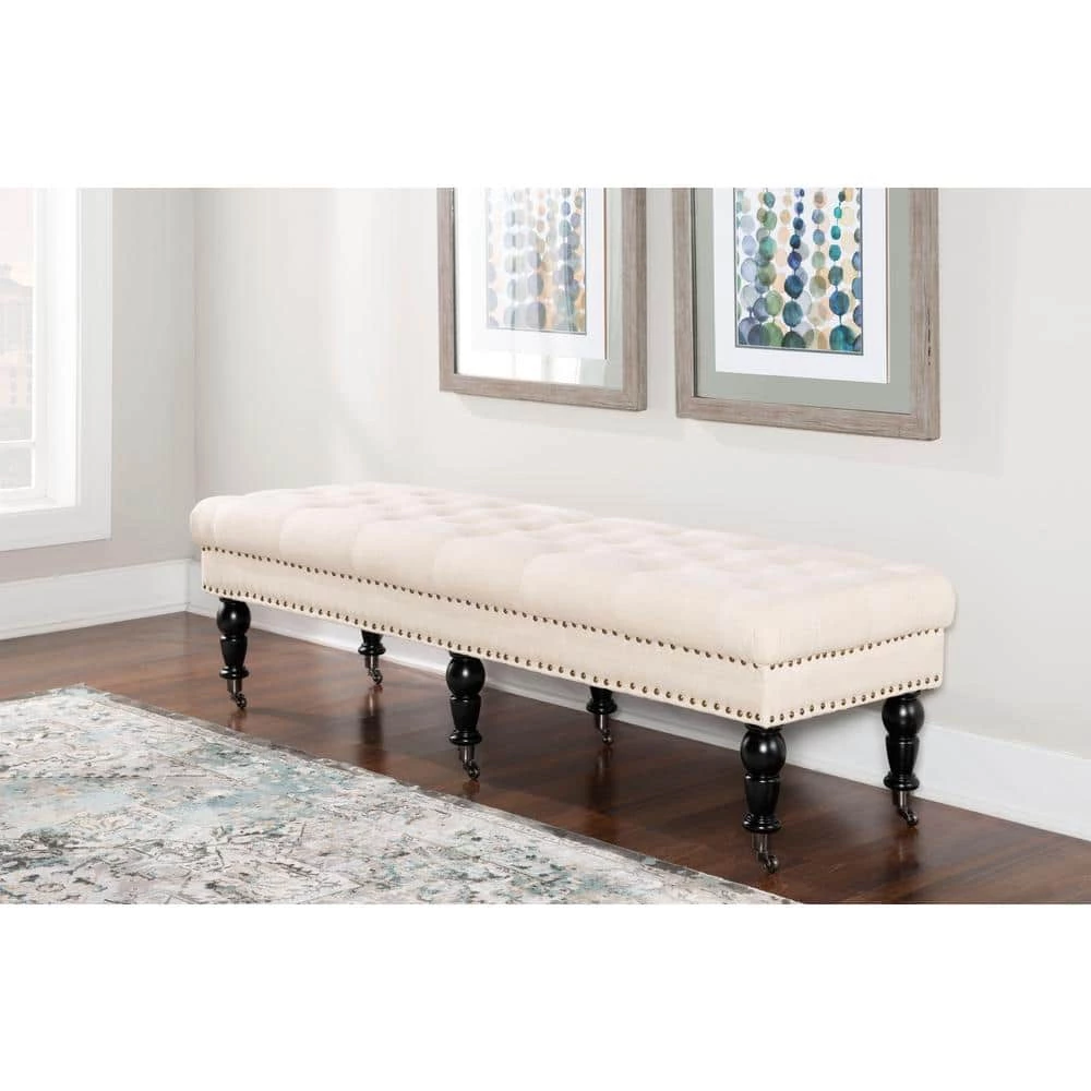 Bella Natural Polyester Bench with Button Tufting and Silver Nailhead (62"L x 19.5"D x 17.75"H) by Linon Home Decor 7 Bella Natural Polyester Bench with Button Tufting and Silver Nailhead (62"L x 19.5"D x 17.75"H) by Linon Home Decor - Image 5