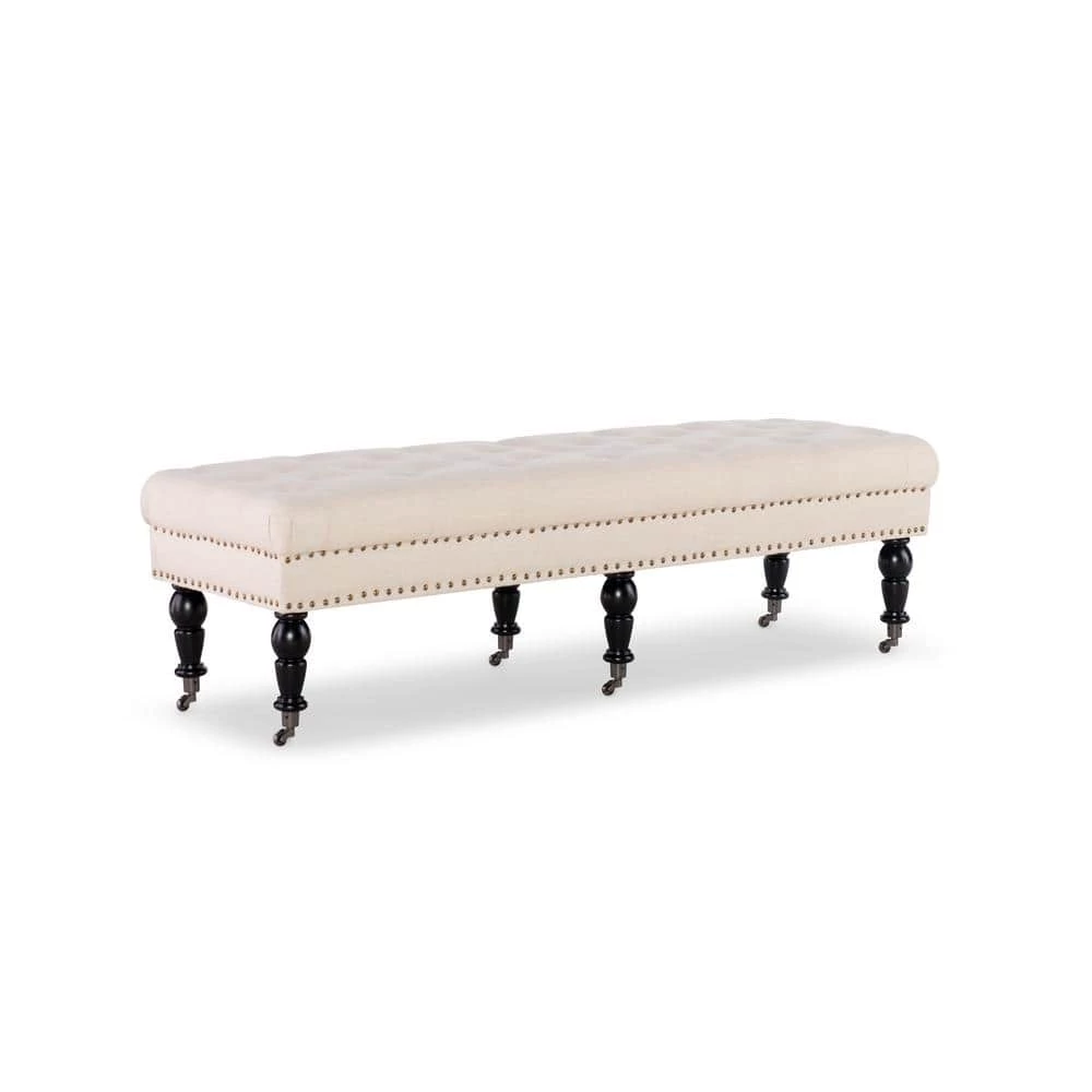 Bella Natural Polyester Bench with Button Tufting and Silver Nailhead (62"L x 19.5"D x 17.75"H) by Linon Home Decor 3 Bella Natural Polyester Bench with Button Tufting and Silver Nailhead (62"L x 19.5"D x 17.75"H) by Linon Home Decor