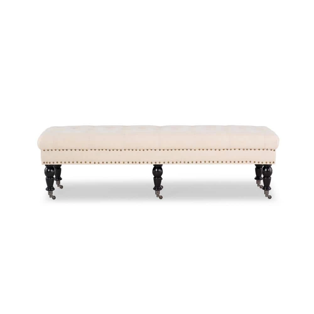 Bella Natural Polyester Bench with Button Tufting and Silver Nailhead (62"L x 19.5"D x 17.75"H) by Linon Home Decor 5 Bella Natural Polyester Bench with Button Tufting and Silver Nailhead (62"L x 19.5"D x 17.75"H) by Linon Home Decor - Image 3