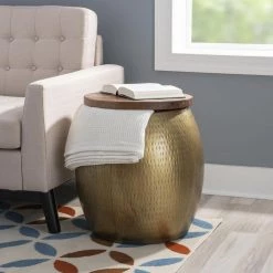 Wagner 19.25 in. W Gold Round Wood Top Drum Side Table With Storage by Linon Home Decor -Linon Home Decor Shop gold linon home decor end side tables hd221857 4f 1000