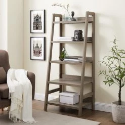 Stacey 60 in. H Grey Wood 5-Shelf Ladder Bookcase with Fixed Shelves by Linon Home Decor -Linon Home Decor Shop gray linon home decor bookcases bookshelves thd03304 31 1000