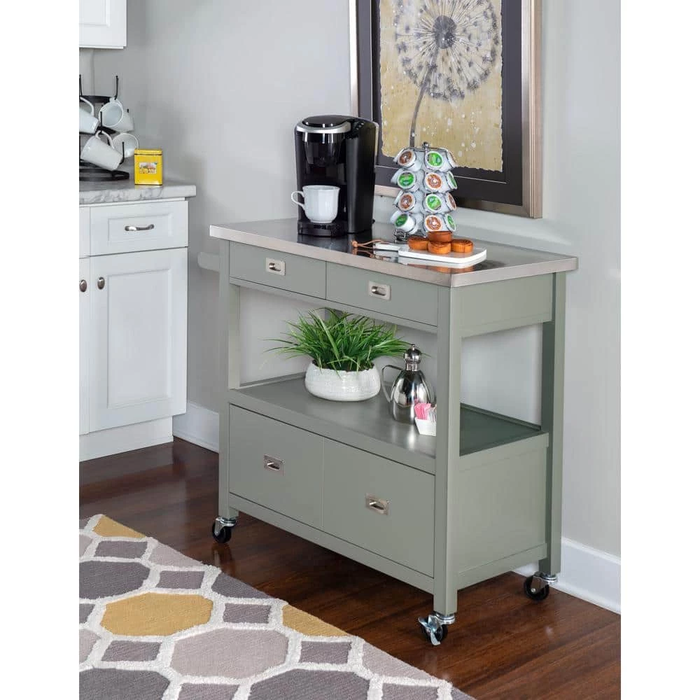Renee Grey Kitchen Cart with Stainless Steel Top, 2 Small Drawers, and 2 Large Drawers by Linon Home Decor 10 Renee Grey Kitchen Cart with Stainless Steel Top, 2 Small Drawers, and 2 Large Drawers by Linon Home Decor - Image 8