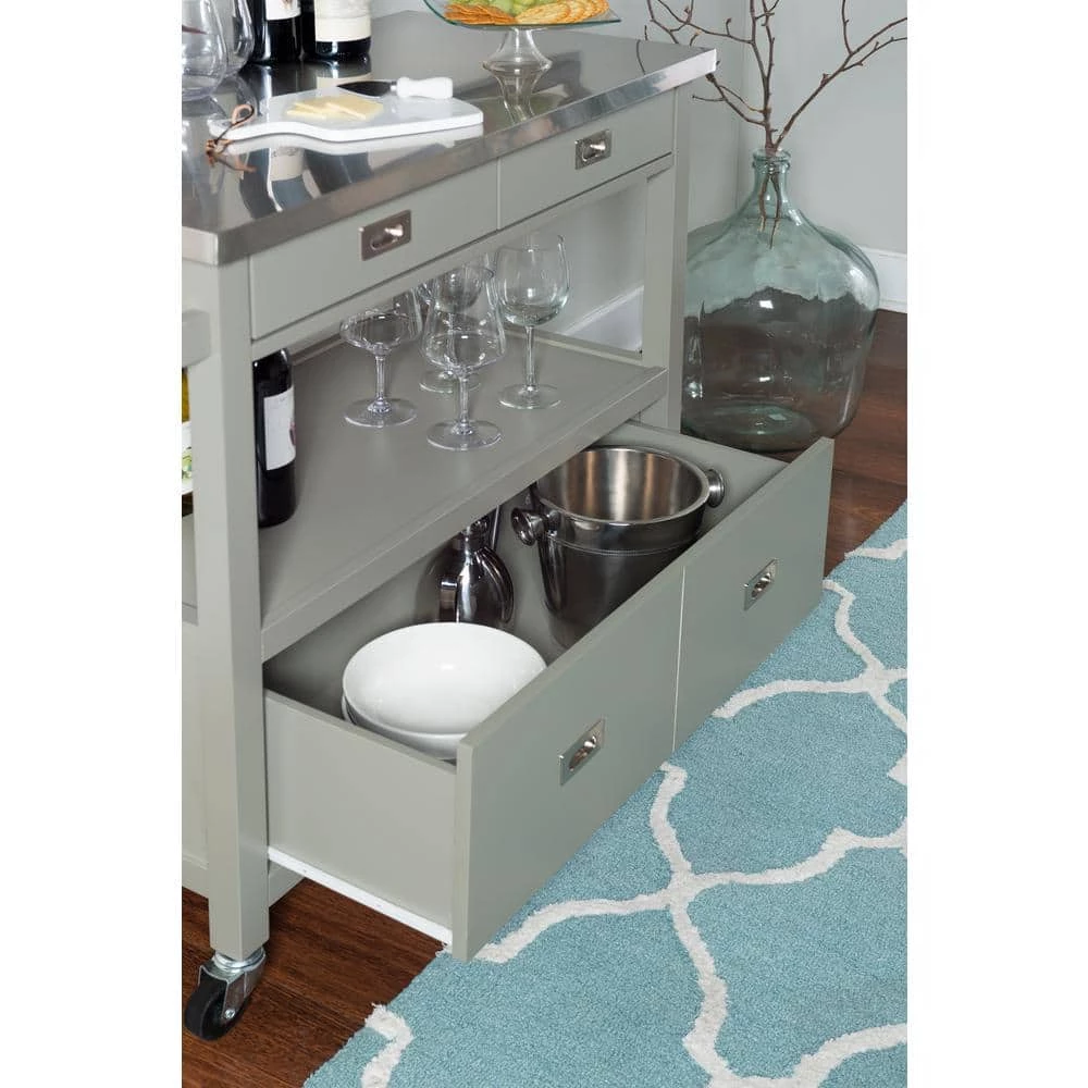 Renee Grey Kitchen Cart with Stainless Steel Top, 2 Small Drawers, and 2 Large Drawers by Linon Home Decor 7 Renee Grey Kitchen Cart with Stainless Steel Top, 2 Small Drawers, and 2 Large Drawers by Linon Home Decor - Image 5