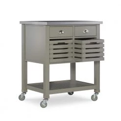 Hawthorn Gray Kitchen Cart with Two Drawers, Two Pull-Out Bins, Shelf, and Stainless Steel Top by Linon Home Decor -Linon Home Decor Shop gray linon home decor kitchen carts thd03431 1f 1000
