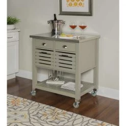 Hawthorn Gray Kitchen Cart with Two Drawers, Two Pull-Out Bins, Shelf, and Stainless Steel Top by Linon Home Decor -Linon Home Decor Shop gray linon home decor kitchen carts thd03431 31 1000