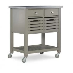 Hawthorn Gray Kitchen Cart with Two Drawers, Two Pull-Out Bins, Shelf, and Stainless Steel Top by Linon Home Decor