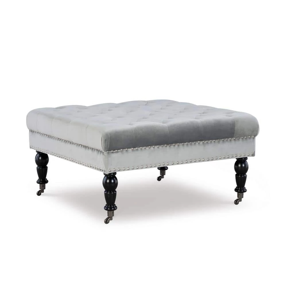 Isabelle Gray Velvet Square Tufted Ottoman by Linon Home Decor 3 Isabelle Gray Velvet Square Tufted Ottoman by Linon Home Decor