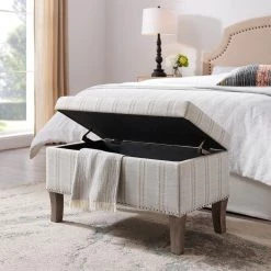 Stephanie Beige Linen Stripe Upholstered Storage Ottoman by Linon Home Decor -Linon Home Decor Shop gray linon home decor ottomans thd02715 40 1000
