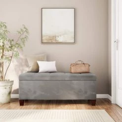 Phoebe Grey Shoe Storage Ottoman with Button Tufted Top by Linon Home Decor -Linon Home Decor Shop gray linon home decor ottomans thd03472 31 1000