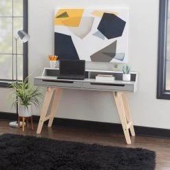 Rainier 55 in. Rectangular Grey Wood 2-Drawer Computer Desk with Small Hutch by Linon Home Decor -Linon Home Decor Shop gray linon home decor writing desks thd03206 31 1000