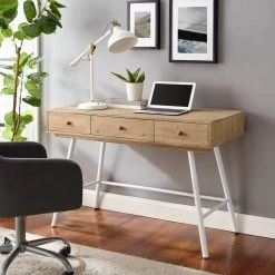 Felisha 44 in. L Rectangular Natural Finish 3-Drawer Writing Desk with Sturdy White Iron Leg Base by Linon Home Decor -Linon Home Decor Shop natural linon home decor writing desks thd03239 31 1000