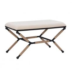 Alden 36"W x 18"D x 20.5"H Neutral Beige Cotton Bench with Iron Metal Legs and Rope Wrapped Details by Linon Home Decor