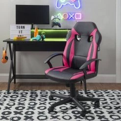 Walter Pink Faux Leather Gaming Chair with Arms by Linon Home Decor 15 Walter Pink Faux Leather Gaming Chair with Arms by Linon Home Decor -Linon Home Decor Shop pink black linon home decor gaming chairs thd04024 1f 1000