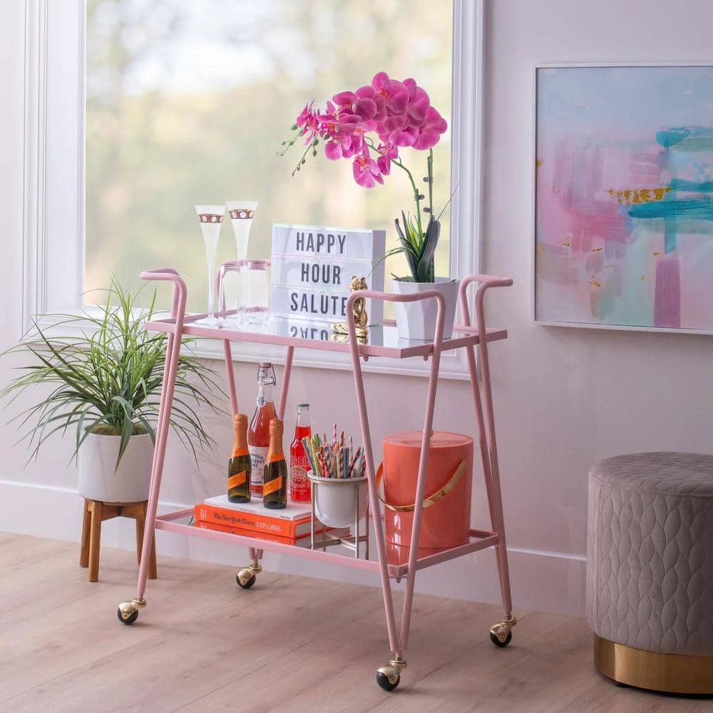 Winona Pink Bar Cart with Two Shelves and Casters by Linon Home Decor 11 Winona Pink Bar Cart with Two Shelves and Casters by Linon Home Decor - Image 9