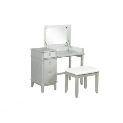 Eva Silver with Mirror Accents Vanity Set with Upholstered Stool by Linon Home Decor -Linon Home Decor Shop silver linon home decor makeup vanities thd02973 c3 1000