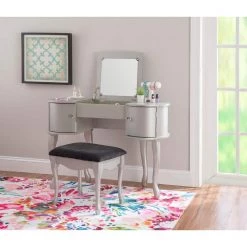 Jodi Silver Vanity Set with Flip Top Mirror 30 in. H x 40.5 in. W x 19.2 in. D by Linon Home Decor -Linon Home Decor Shop silver linon home decor makeup vanities thd03533 31 1000