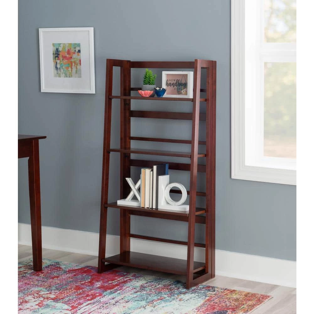Angela 48 in. Walnut Wood 4-Shelf Folding Accent Bookcase with Fixed Shelves by Linon Home Decor 10 Angela 48 in. Walnut Wood 4-Shelf Folding Accent Bookcase with Fixed Shelves by Linon Home Decor - Image 8