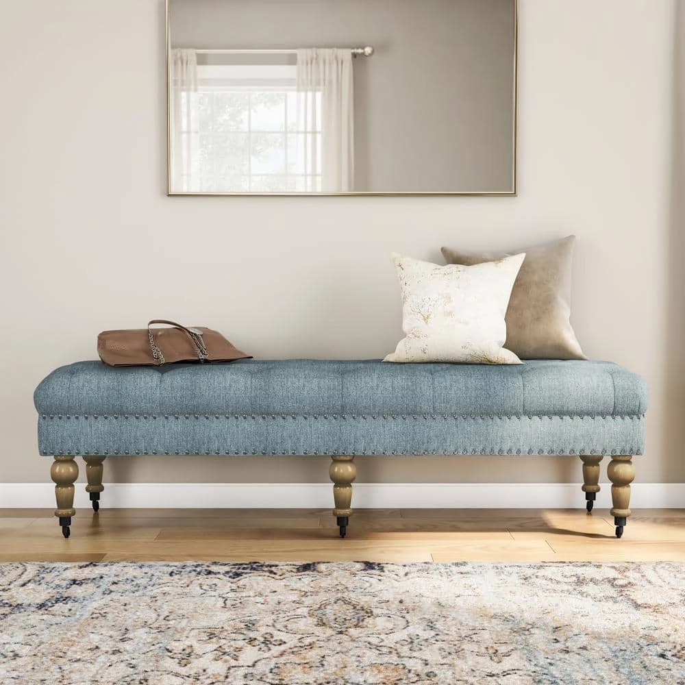 Elena Blue Washed Linen 17.75 in. H x 62 in. W x 19.625 in. D Bench by Linon Home Decor 7 Elena Blue Washed Linen 17.75 in. H x 62 in. W x 19.625 in. D Bench by Linon Home Decor - Image 5