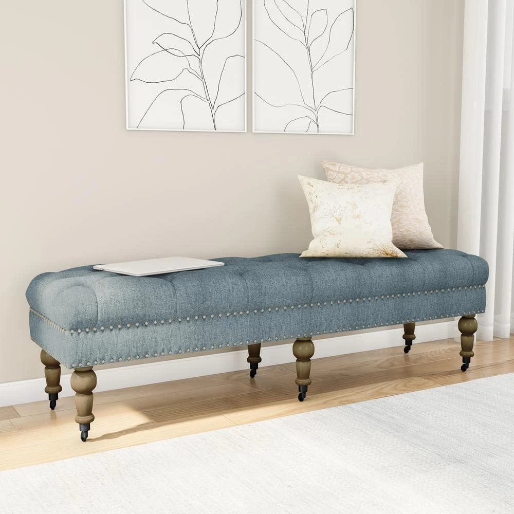 Elena Blue Washed Linen 17.75 in. H x 62 in. W x 19.625 in. D Bench by Linon Home Decor 5 Elena Blue Washed Linen 17.75 in. H x 62 in. W x 19.625 in. D Bench by Linon Home Decor - Image 3