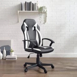 Walter Black/White Faux Leather Gaming Chair with Arms by Linon Home Decor -Linon Home Decor Shop white and black stripes linon home decor gaming chairs thd03204 31 1000