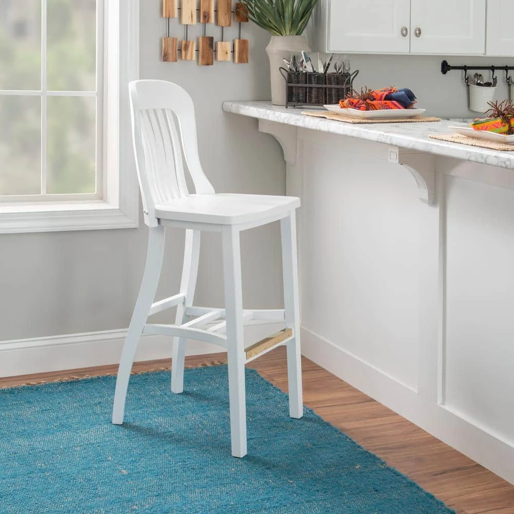 Hynes 46.5 in. White Slat Back Solid Wood 31 in. H Seat Bar Stool with Wood Seat (Set of 2) by Linon Home Decor 11 Hynes 46.5 in. White Slat Back Solid Wood 31 in. H Seat Bar Stool with Wood Seat (Set of 2) by Linon Home Decor - Image 9