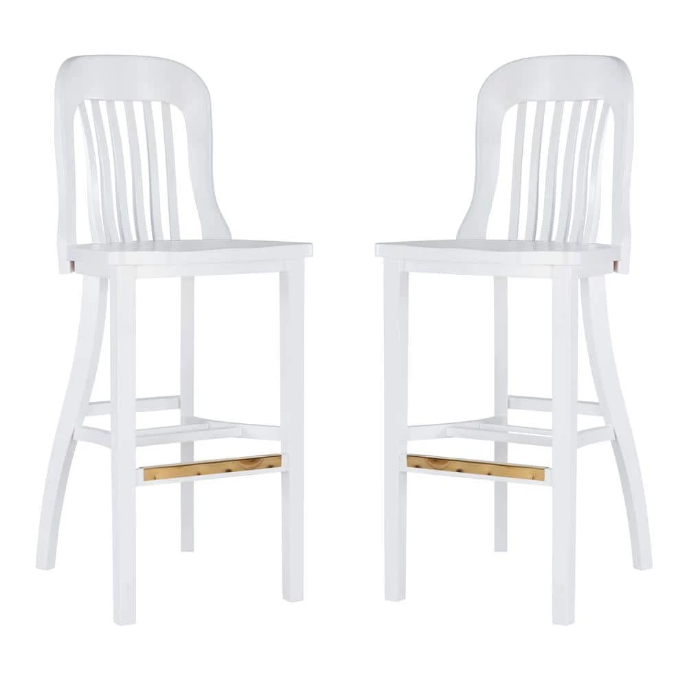 Hynes 46.5 in. White Slat Back Solid Wood 31 in. H Seat Bar Stool with Wood Seat (Set of 2) by Linon Home Decor 3 Hynes 46.5 in. White Slat Back Solid Wood 31 in. H Seat Bar Stool with Wood Seat (Set of 2) by Linon Home Decor