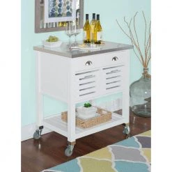Hawthorn White Kitchen Cart with Two Drawers, Two Pull-Out Bins, Shelf, and Stainless Steel Top by Linon Home Decor -Linon Home Decor Shop white linon home decor kitchen carts thd03432 31 1000